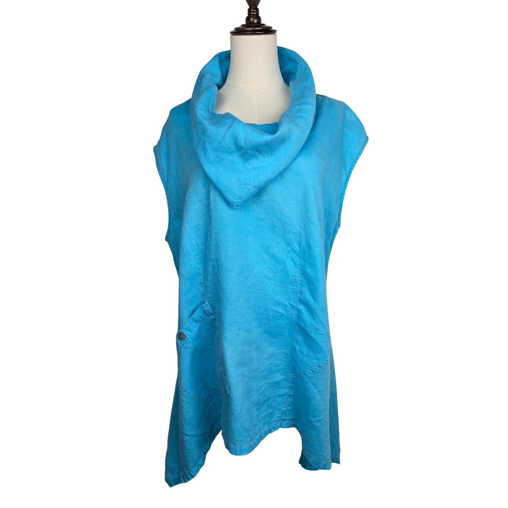 John Mark Tunic XL Turquoise 100% Linen Cowl Neck Sleeveless Asymmetric Hem Art